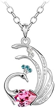 KATGI White Gold Plated Rhinestone Colorful Flash Drill Phoenix Crystal Pendant Necklace - Rose Pink