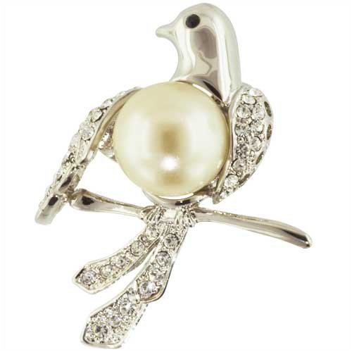 Rhinestone Bird With Faux Pearl Animal Pin Brooch
