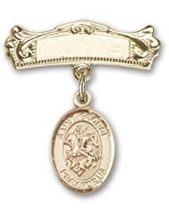 14K Gold Baby Badge with St. George Charm and Arched Polished Badge Pin