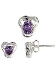 Sterling Silver Matte-finish Fancy Stud Earrings (7mm tall) & Pendant Slide (9mm tall) Set, w/ Oval Cut Amethyst-colored CZ Stones