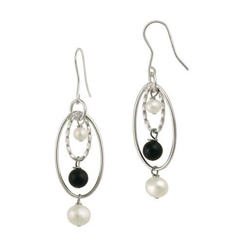 Sterling Silver Onyx and Freshwater Pearl Drop French Wire Earrings