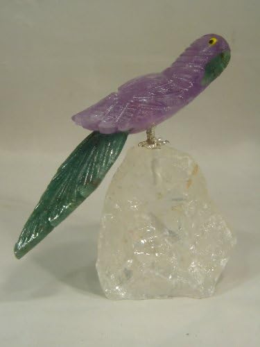 Hand Carved Amethyst Parrot Bird with Green Quartz Tail on Quartz Perch Sculpture