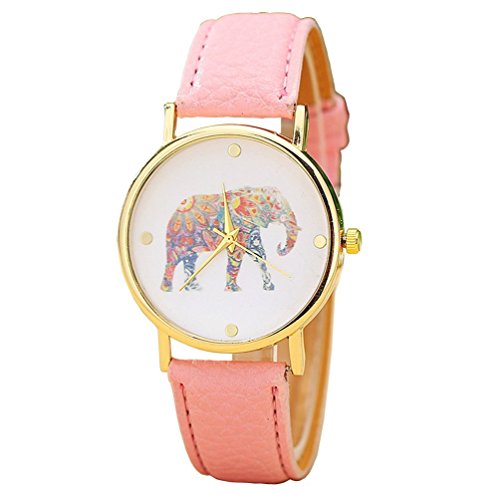VavnaWomen's Big Colorful Elephant Print Gold Dial Leather Quartz Ladies Watch Pink