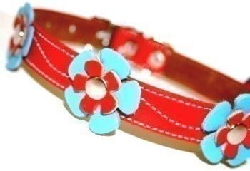The Cool Puppy Cool Leather Dog Collar - Red with Light Blue and Red Flowers Large (12-14 inches)