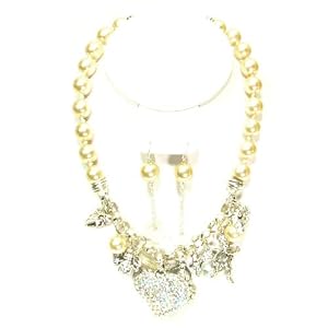 Faux Pearl Silver tone multiple charms chocker necklace neck chain with Crystals earring gift set