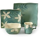 Gibson Spring Grove 16-Piece Square Reactive Glaze Stoneware Dinnerware Set, Teal Green