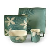 Gibson Spring Grove 16-Piece Square Reactive Glaze Stoneware Dinnerware Set, Green