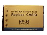 NP20 / NP-20 3.7V 750mAh High capacity replacement Li ion Battery for Casio digital camera models EX-S100 EX-S500EO EX-S500GY EX-S500WE EX-S600EO EX-S600GD Exilim EX-M1 EX-M2 EX-M20 EX-M20U EX-S1 EX-S100 EX-S100WE EX-S1PM EX-S2 EX-S20 EX-S20U EX-S2PW EX-S3 EX-S500 EX-Z3 EX-Z4 EX-Z4U EX-Z60 EX-M1 M2 S1 S1PM S2 S3 S4 S100 S500 S600D/Z3 Z4S Z75 ES-5 EX-270 EX-Z5 EX-Z60 EX-S770 S880 S770 Replaces part numbers CASIO: NP-20 NP-20DBA POLAROID : PR-119DG SONY : DCS001, DLCS20, NP-FM20, NP20CP, VSN018L08S, VSN020L08D, VSN020L08S APS : BC1066 CTA : DB-NP20 DIGIPOWER : BP-NP20 DURACELL : DRCA20 MAXELL : DC3776 SAKAR : CB-20 SUNPAK : RB-7 ULTRALAST : ULNP20