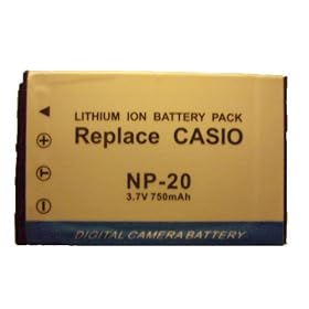 NP20 / NP-20 3.7V 750mAh High capacity replacement Li ion Battery for Casio digital camera models EX-S100 EX-S500EO EX-S500GY EX-S500WE EX-S600EO EX-S600GD Exilim EX-M1 EX-M2 EX-M20 EX-M20U EX-S1 EX-S100 EX-S100WE EX-S1PM EX-S2 EX-S20 EX-S20U EX-S2PW EX-S3 EX-S500 EX-Z3 EX-Z4 EX-Z4U EX-Z60 EX-M1 M2 S1 S1PM S2 S3 S4 S100 S500 S600D/Z3 Z4S Z75 ES-5 EX-270 EX-Z5 EX-Z60 EX-S770 S880 S770 Replaces part numbers CASIO: NP-20 NP-20DBA POLAROID : PR-119DG SONY : DCS001, DLCS20, NP-FM20, NP20CP, VSN018L08S, VSN020L08D, VSN020L08S APS : BC1066 CTA : DB-NP20 DIGIPOWER : BP-NP20 DURACELL : DRCA20 MAXELL : DC3776 SAKAR : CB-20 SUNPAK : RB-7 ULTRALAST : ULNP20