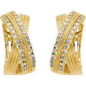 Beautiful Criss Cross 14k Yellow Gold Hoop Earrings with Rope-Style Curves and Diamond Accents