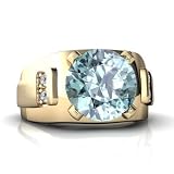 14K Yellow Gold Round Genuine Aquamarine Men's Men's Ring