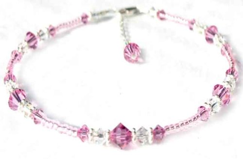 October Rose Beaded Anklets Adjustable Swarovski Crystal Birthstone Ankle Bracelets in Sterling SilverHandmade Jewelry