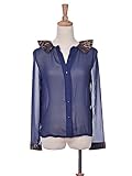 Leopard Cheetah Print Collar Cuffs Chiffon Long Sleeve Button Blue Sheer Shirt