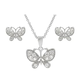 Sterling Silver CZ Pave Butterfly Necklace and Earring Set