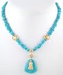 Gold Vermeil Buddha Pendant and Lotus Blossom Necklace with Bright Blue Turquoise Focal Stone and Beads of Turquoise, #7934