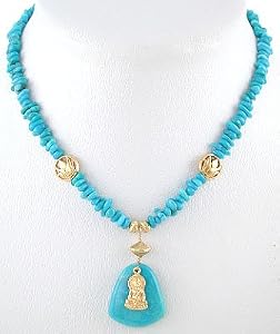 Gold Vermeil Young Buddha Pendant and Lotus Blossom Choker Necklace with Bright Blue Turquoise Gemstone Focal Stone and Nugget Beads of Turquoise 15" Length, #7934
