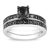 Sterling Silver 1 CT TDW Black Diamond Black Rhodium Plated Bridal Set Ring