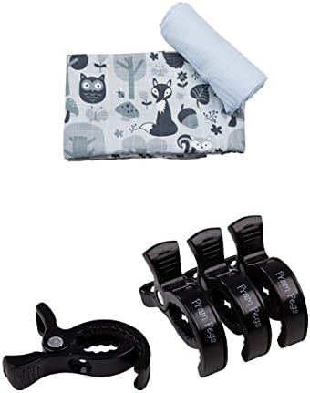 Little Rosa XL Premium Muslin Swaddles x 2 - Blue & Woodland with Pram Pegs Black x 4. Attach to Pram/Buggy Quickly Securely by Little Rosa