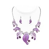 Purple Leaf Statement Necklace Earrings Set Fashion Jewelry