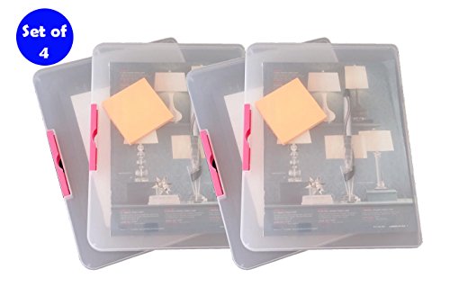 4 Pack Clear Plastic Document Cases File Holders, desk paper organizers, project container (4 Pack Clear/Pink Plus)