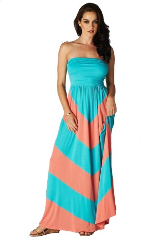 Charm Your Prince Women's Sleeveless Chevron Empire Maxi Dress Turquoise and Coral