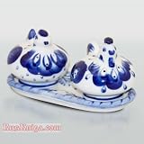 GZHEL Salt Pepper Shakers HEN ROOSTER BIRD COURT Signed [Dimensions: 3