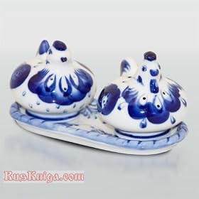 GZHEL Salt Pepper Shakers HEN ROOSTER BIRD COURT Signed [Dimensions: 3"x 6"(7.5 x 15 cm.); Materials: porcelain; Made in Russia. Hand painted. Signed by artist] [This set includes two delightful Gzhel-style chicken statues - one hen and one rooster - that are in fact salt and pepper shakers. Whimsical yet elegant, these birds will be a great decoration for your table] [Gzhel porcelain decorated with fancy blue painting has acquired wide popularity in the whole wide world. Its value consists in its uniqueness and decorativeness. Gzhel ware is decorated with flowers, leaves, bunches and garlands of flowers. They are painted with the only colour - blue cobalt, which is sometimes laid wide and rich dab and other times in hardly noticeable touch of the brush. Touches of different intensity create a rich, bright and very impressive picture]