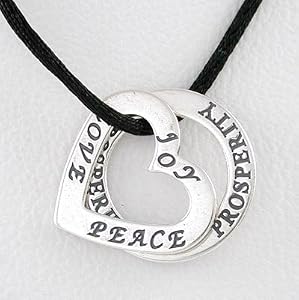 Double Sided Heart Shaped LOVE, JOY, PEACE, and Round PROSPERITY Affirmation Pendants in Sterling Silver on Black Satin Cord, 15" - 17" in Length, #8952
