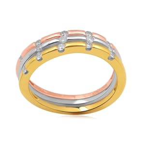 18k Gold and Rose Gold Plated Sterling Silver Diamond Tri Color Stackable Ring (1/4 cttw, I-J Color, I2-I3 Clarity), Size 6