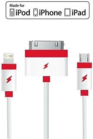 Cyberteck Premium Quality 3-in-1 Multi USB Adapter Charging Cable - Apple Lightning 30-Pin Compatible Output Cable And Micro USB for Apple iPhone 6/ 6 Plus/ 5 / 5S / 5C, iPad 4th Gen, iPad Air, iPad Mini, iPod touch 5th Gen, iPod support IOS 7.1 Nano 7th Gen, Almost All Android Smartphones, Non Certified Charges (1.6 FT White/Red)