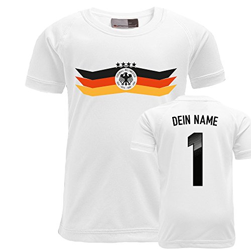 FABTEE – WM Fussball Kinder Fanshirt mit Wunschname und Nummer – Kinder Trikot Funktions T-Shirt von 3-14 Jahren, Größe:7 – 8 Jahre;Farbe:Weiß