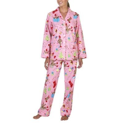 Nick & Nora Womens 2 Pc Flannel Pajama Set - Santas Helper (Pink)