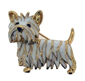 Polished Gold Colour Metal Yorkshire Terrier Brooch With White & Black Enamel