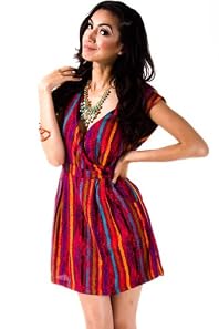 Multicoloured Stripes Wrap Dress in Red