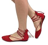 Spirit Moda Nina-2 Women's Strappy Lace Up Ballet Flats D'Orsay Ankle Tie, Red, 5.5