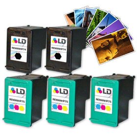 HP 74 & HP 75 Remanufactured Combo Set - 3 Black HP 74 (CB335WN ) and 2 Tri-Color HP 75 (CB337WN ) + Free 20 Pack of LD Brand 4x6 Photo Paper