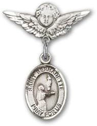 Sterling Silver Baby Badge with St. Bernadette Charm and Angel with Wings Badge Pin