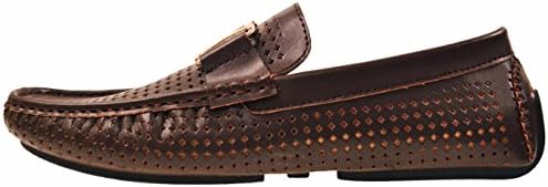 Amali Mens Driving Moccasin Loafer in Diamond Perforated Smooth with Gold Ornament in Brown: Style 1425 Brown-065