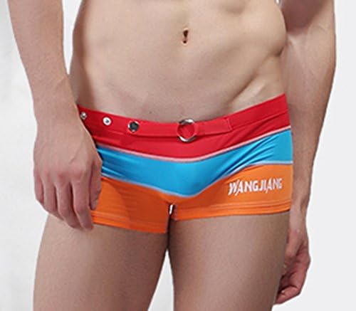 ByCang Men's Summer Stretch Buckle Swimwear Strips Swimming Trunks (Red Size L)