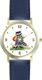 Raccoon in Overalls Holding Valentine's Day Heart by Artist: Sylvia Long - WATCHBUDDY® DELUXE TWO-TONE THEME WATCH - Arabic Numbers - Blue Leather Strap-Size-Women's Size-Small