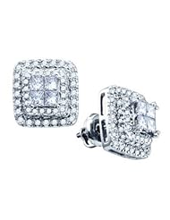 1.04 cttw 14k White Gold Diamond Round and Princess Cut Invisible Set Earrings Unisex (Real Diamonds: 1.04 cttw)
