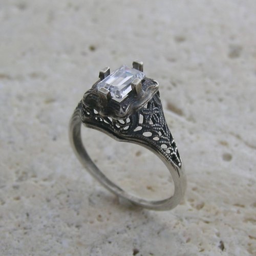 14K White Gold Antique Style Feminine Filigree CZ Ring or Ring Setting