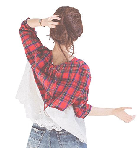 【 UN ANANAS 】 キュート レッド チェック ブラウス レース フリル 異素材 ミックス 可愛い バック リボン レディース 韓国 スタイル 春 ランチ お出掛け カジュアル