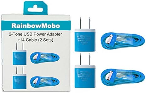 RainbowMOBO (TM) Set of 2 x 6 Ft. 30 Pin Charge & Sync Cable + 2 x 2-Tone AC Power Adapter for iPhone 4/4s (Rainbow Light Blue)