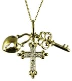9ct Yellow Gold Ladies Fancy Cross, Lock and Key Charms Pendant On 18 Curb Chain