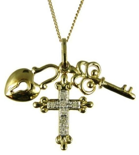 9ct Yellow Gold Ladies Fancy Cross, Lock and Key Charms Pendant On 18 Curb Chain