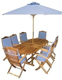 Fully Dressed 230/164x100cm Oval Extending Table with 8 Regency Folding Armchairs (includes 8 Royal Blue Seat & Back Cushions and a 300cm Silverwood Royal Blue Parasol)