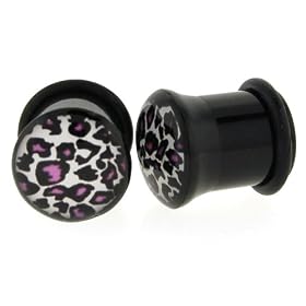 Black Acrylic Single Flare Plug - Purple Leopard Logo - 00g - Sold as a Pair