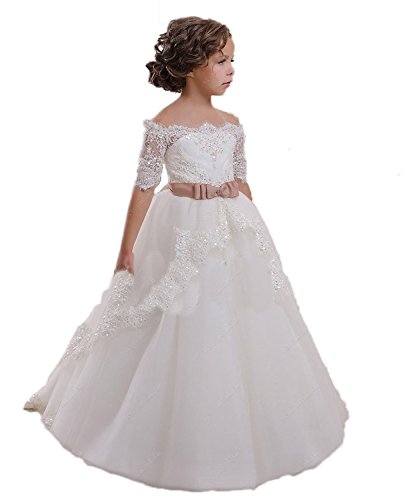 CoCoBridal Lace Flower Girls Dresses Girls First Communion Dress Princess Wedding (6, White)