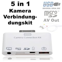 5 in 1 Anschlu� Set f�r Apple iPad / ipad 2 / iPhone 4 (eingeschr�nkt) / Ipod Touch (eingeschr�nkt) mit Audio & Video Ausgang (AV-Out Composite) USB 2.0 & mini USB Port, SD und Micro SD Karten Slot inklusive Kabel f�r Audio & Video �bertragung und Micro USB Kabel (*Audio- & Video�bertragung funktioniert auch bei iPod, iPod Touch und iPhone) inkl. Original Mainbay-Set (Notfallbumper�)
